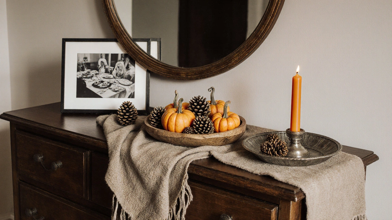 Autumn-themed dining room dresser with pumpkins, pinecones, amber candle, and vintage serving platter.