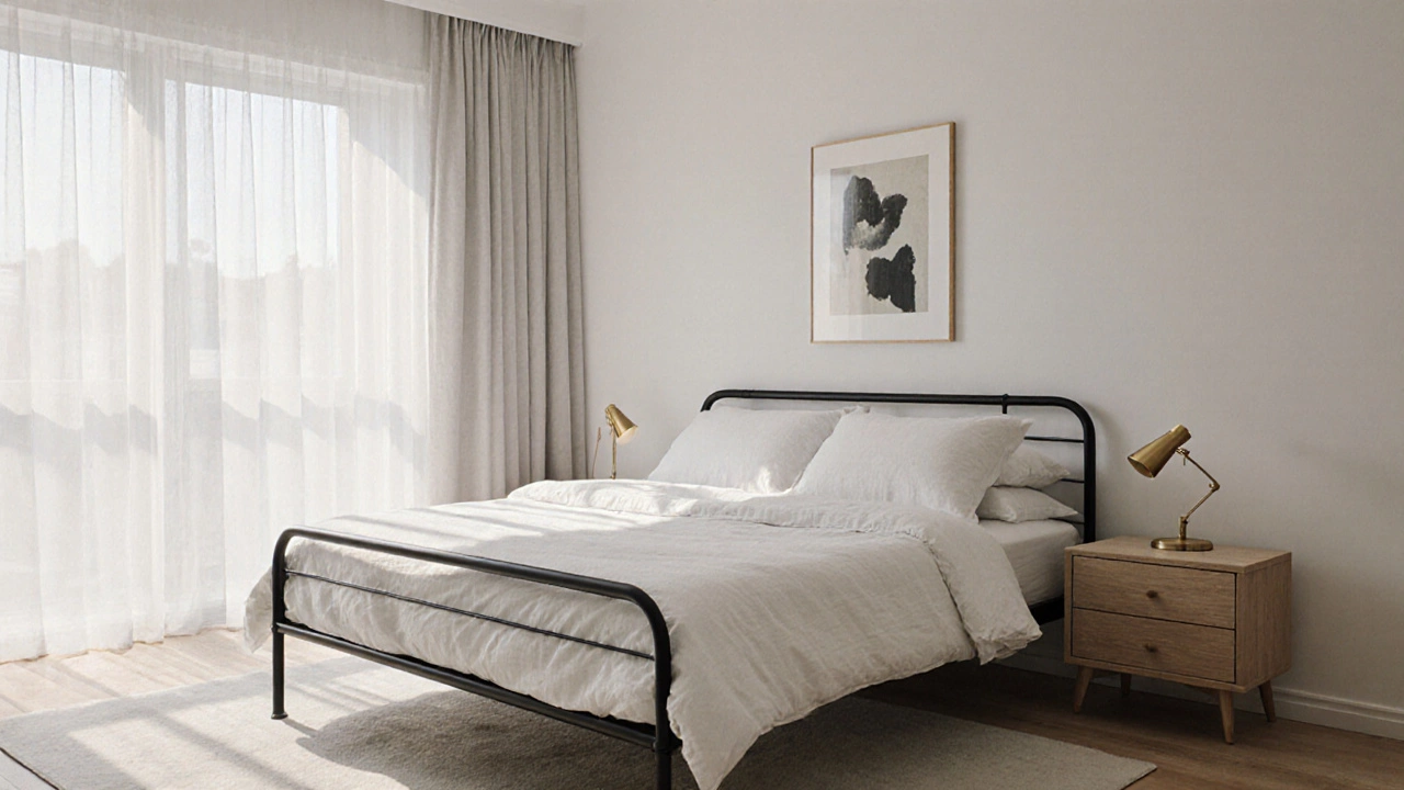 Black bed frame with white bedding and oak nightstand in a minimalist bedroom