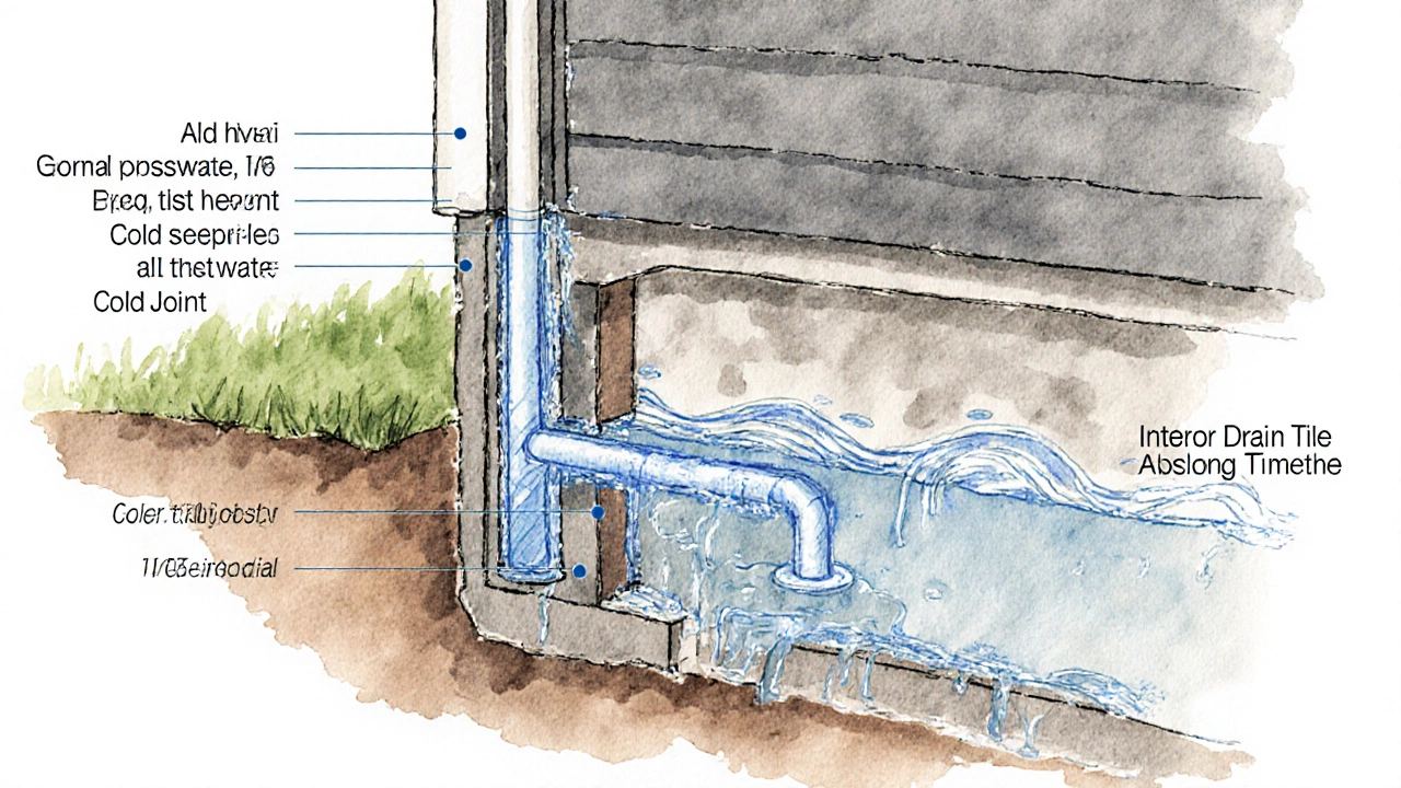 Cross-section of home foundation showing groundwater seepage and interior drainage system leading to sump pump.