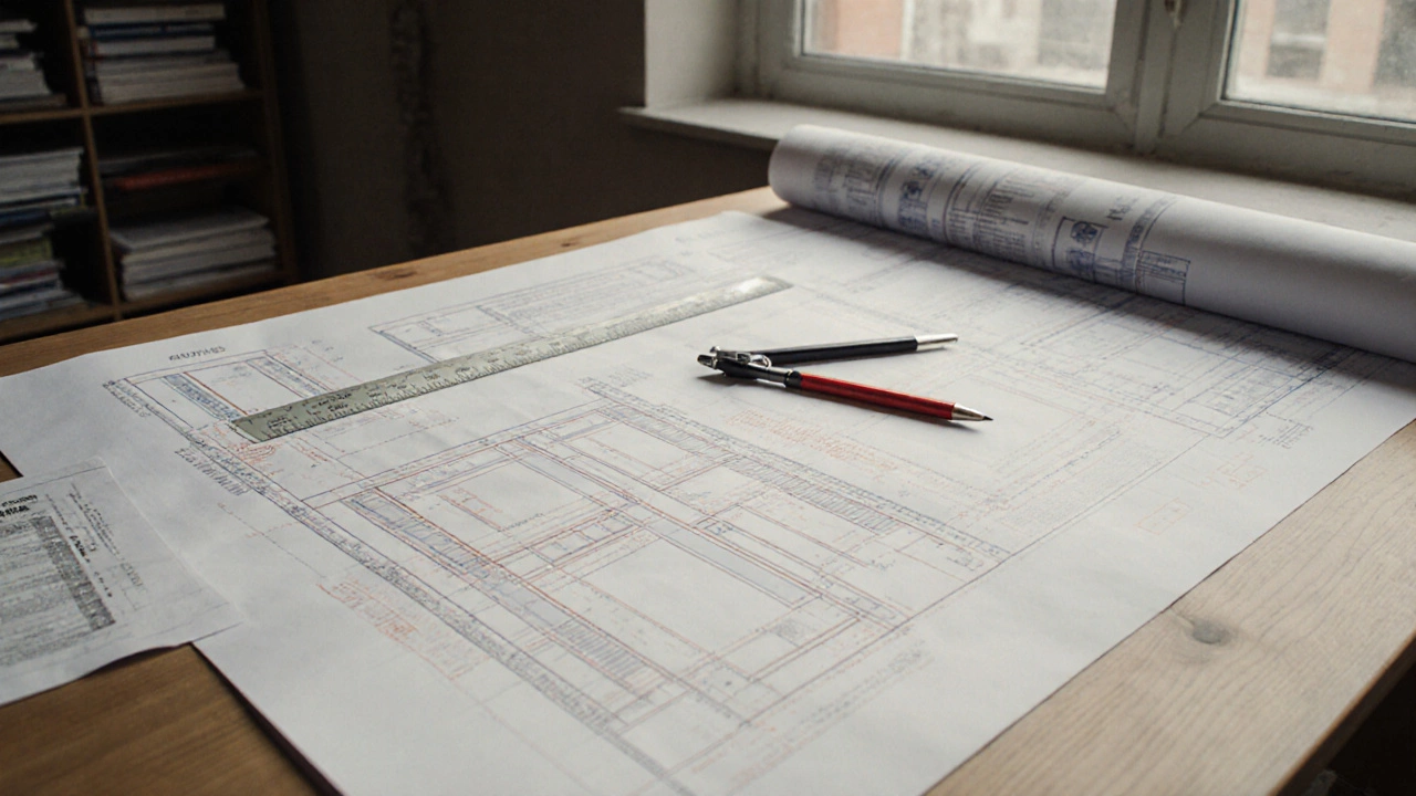 Detailed architectural blueprints on a wooden table with drafting tools and building code manuals.