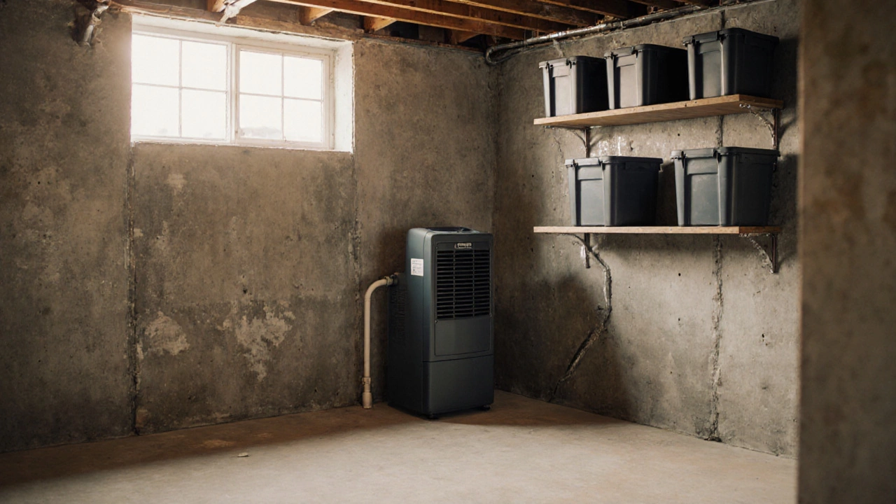 Dry, well-maintained basement with dehumidifier and plastic storage bins, no signs of moisture or mold.