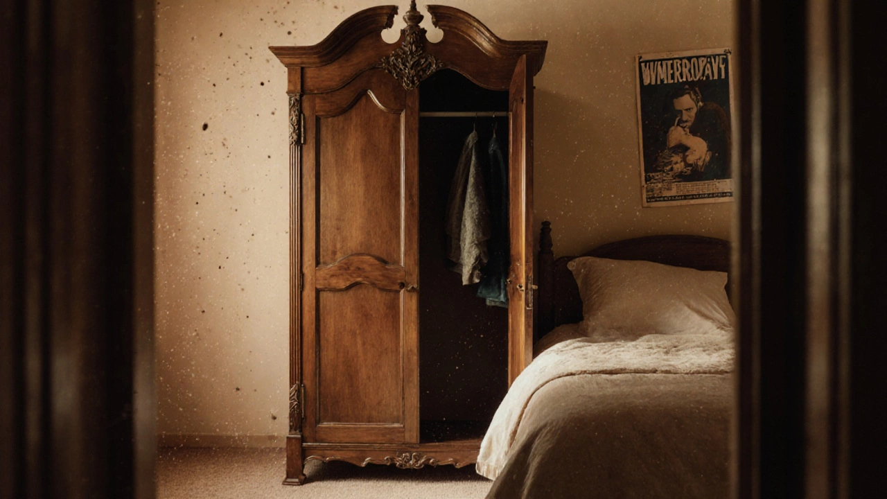 Freestanding wooden wardrobe in a 1970s dorm room beside a bed.