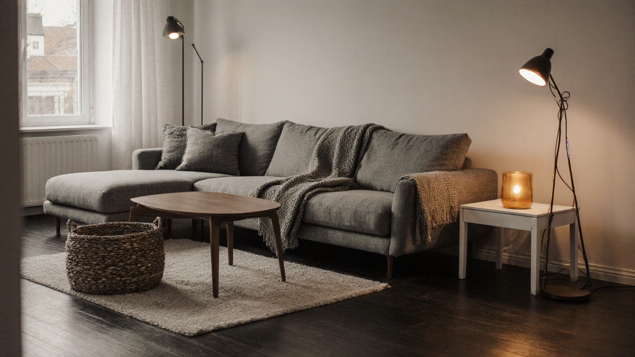 Gray sectional with walnut table and white side tables in a warm, cozy space