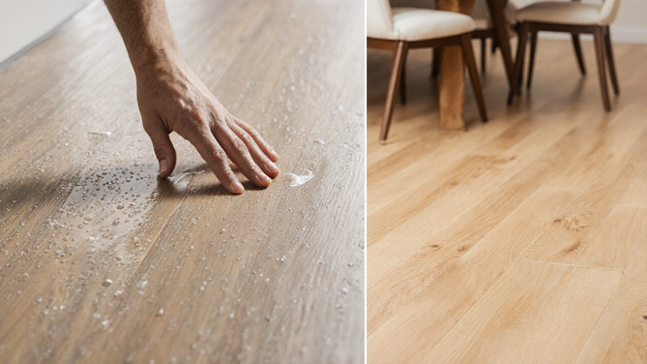 Hand touching waterproof LVP in a kitchen with water droplets on the surface.