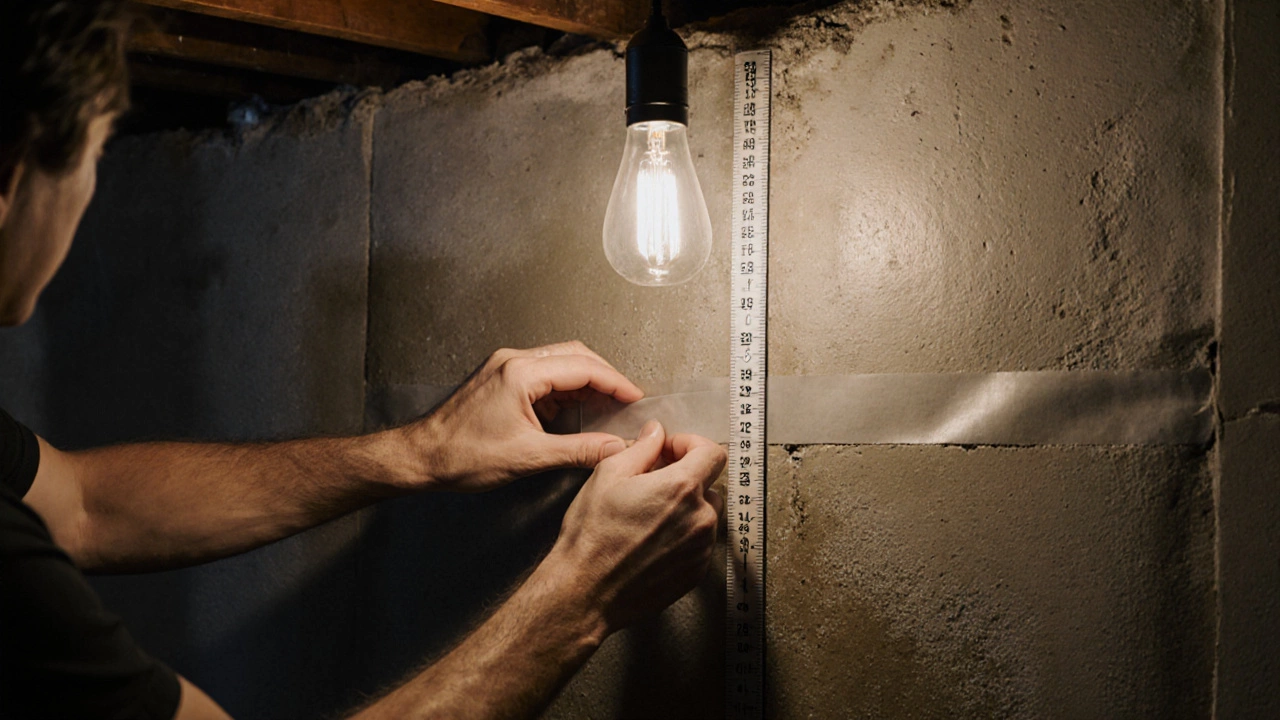 Homeowner measuring a 1/8-inch foundation crack with tape and ruler in dim basement.