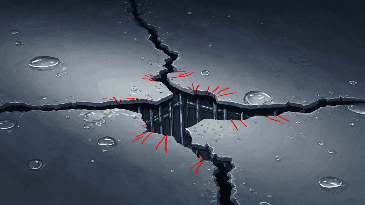 Horizontal foundation crack with soil pressure pushing inward, symbolizing structural risk.