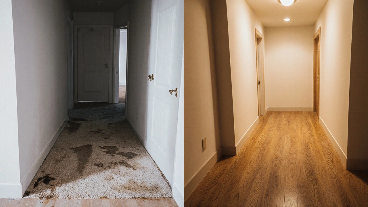 Side-by-side comparison of outdated carpet versus sleek engineered wood flooring.