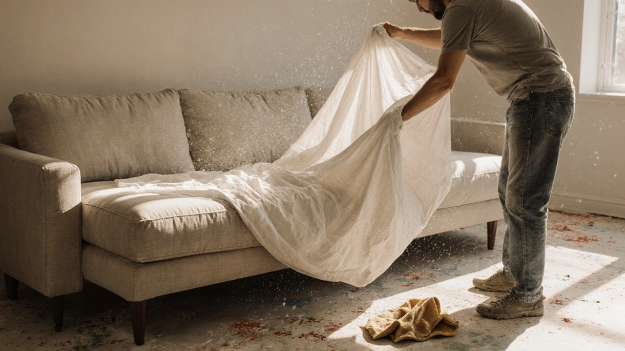 Someone placing a clean cotton sheet over a sectional couch after home repairs, paint splatters on the floor.