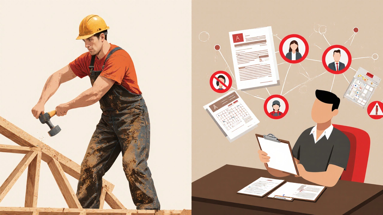 Split illustration showing a builder hammering wood on one side and a contractor managing permits on the other.