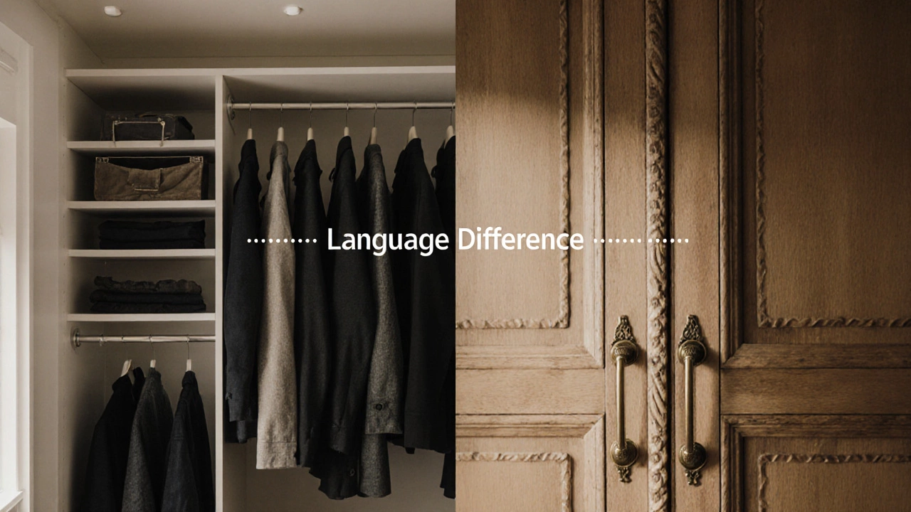 Split image comparing built-in closet and freestanding wardrobe as cultural storage differences.