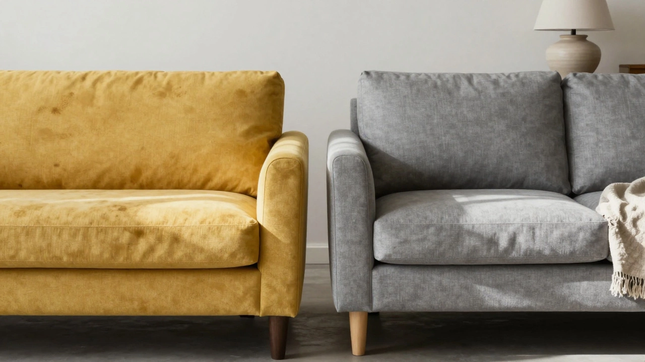 A dated mustard sofa next to a pristine gray sofa, highlighting longevity and style.