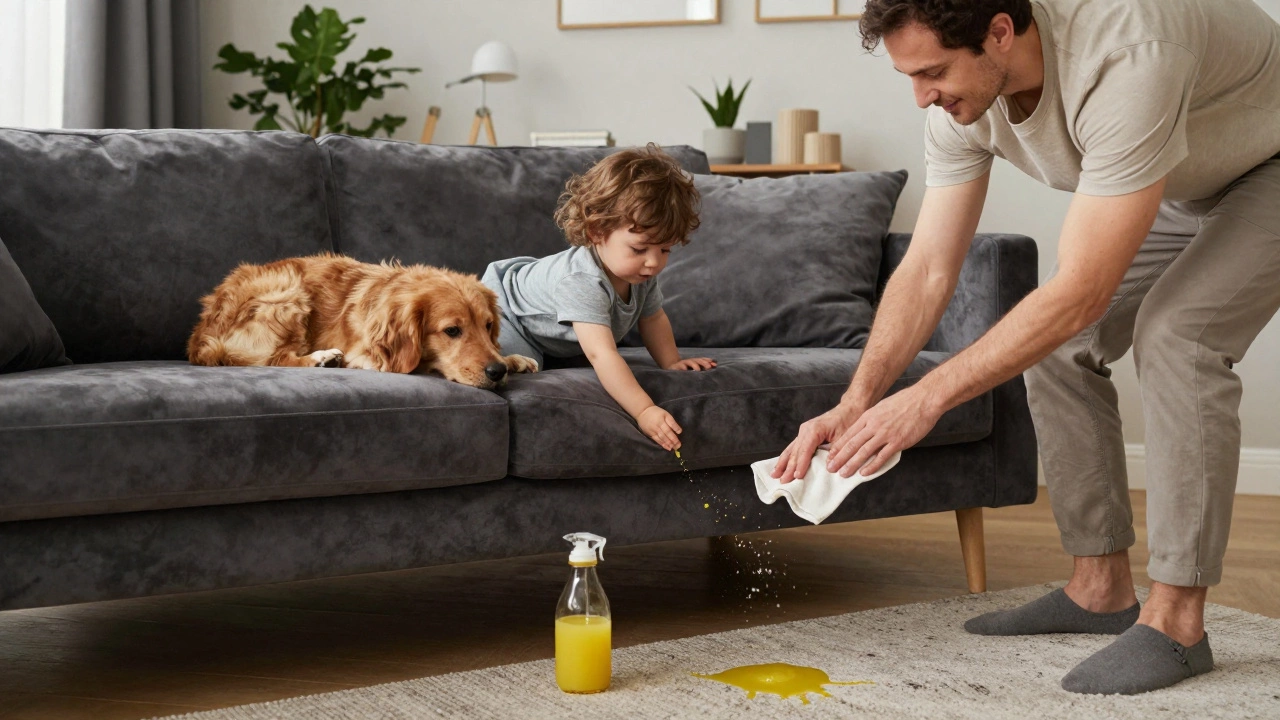 A family relaxing on a charcoal gray sofa with a child and pet, a spill being cleaned calmly.