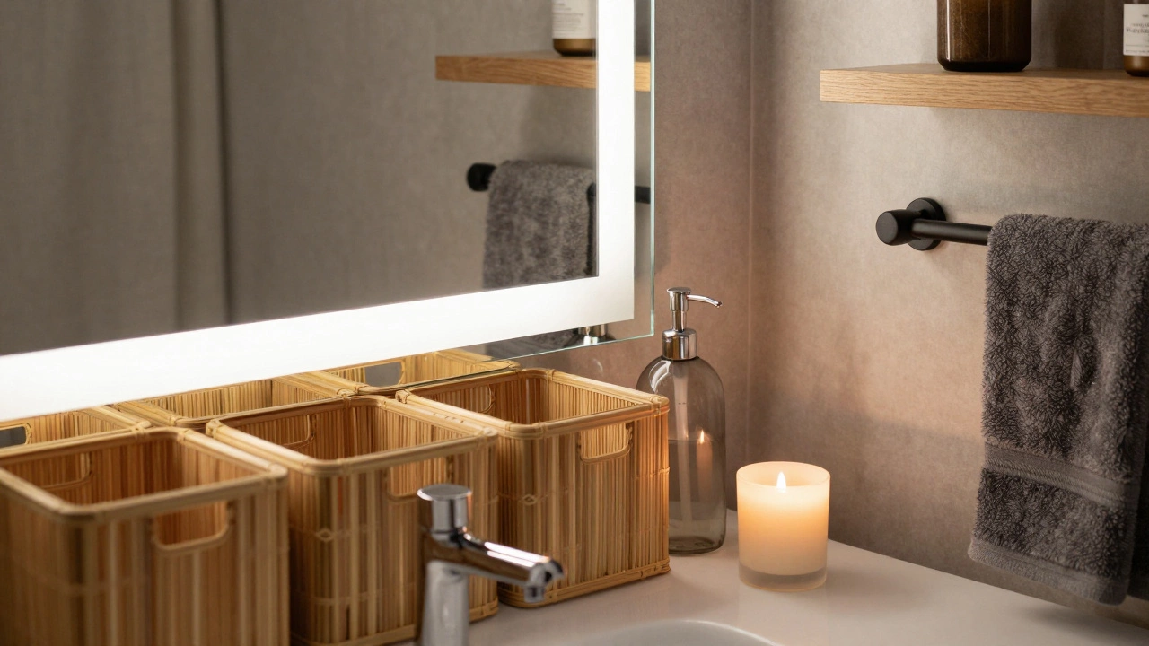 A glowing mirrored medicine cabinet above bamboo storage baskets and a glass soap dispenser with a soy candle.