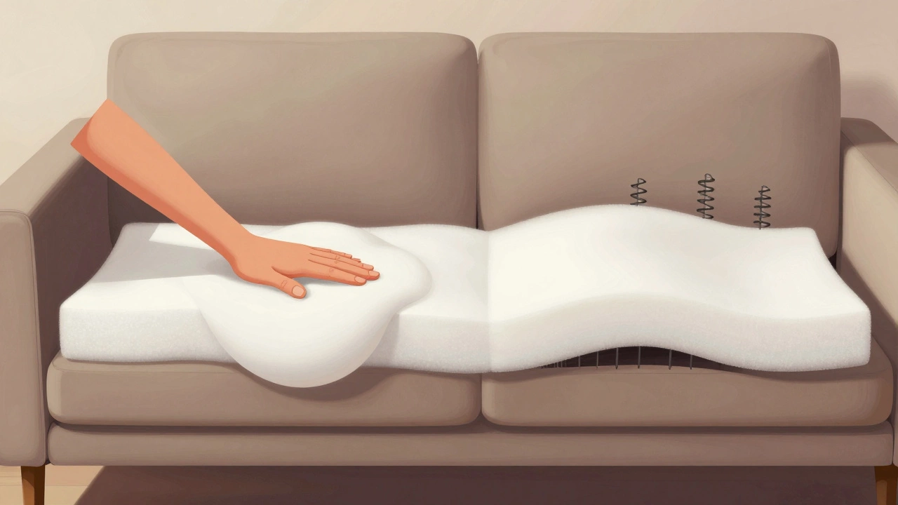 A hand pressing into a sofa cushion, contrasting collapse of low-density foam versus resilient high-density foam.