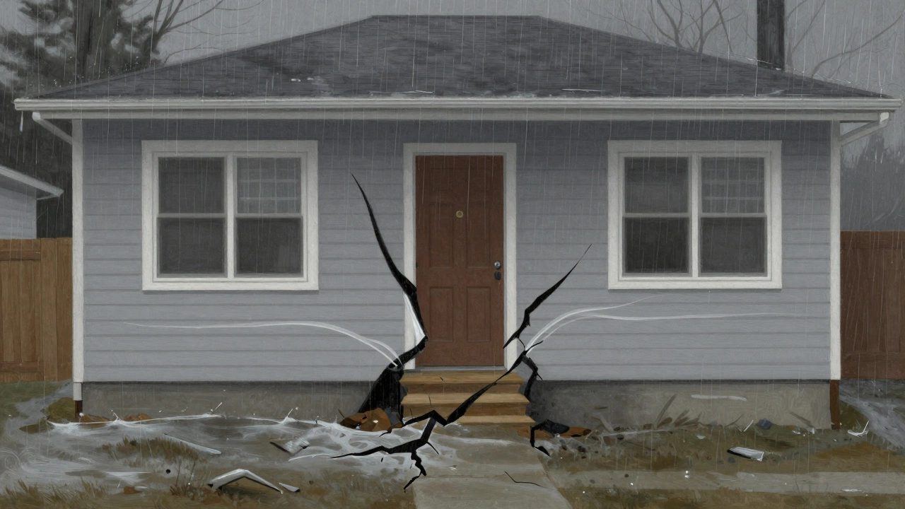 A house with a sinking foundation causing doors to stick and walls to crack unevenly.