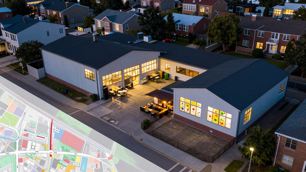 Aerial view of converted warehouse, restaurant, and daycare in mixed-use neighborhood.