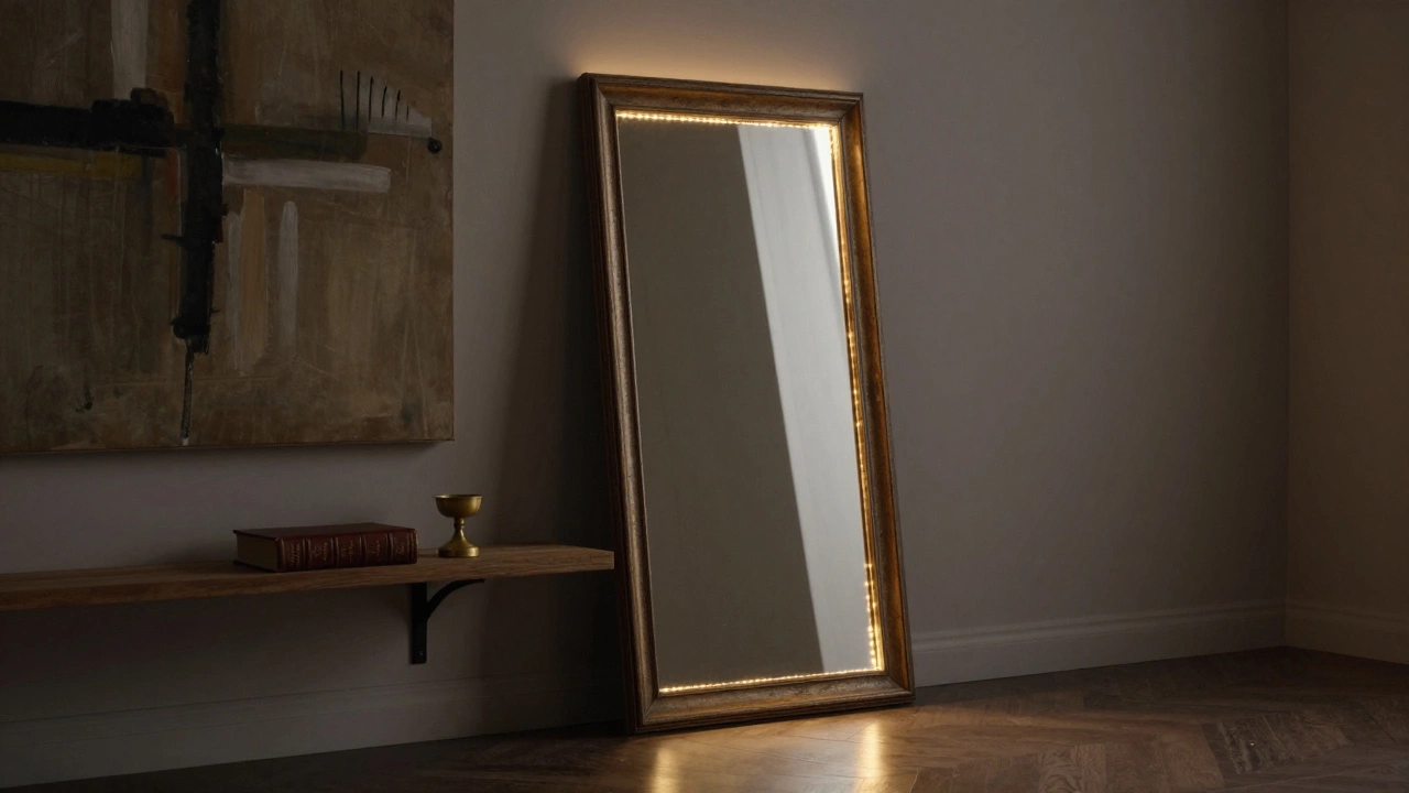 An antique leaning mirror beside an abstract painting, with a wooden shelf below holding a book and candle, glowing softly at night.