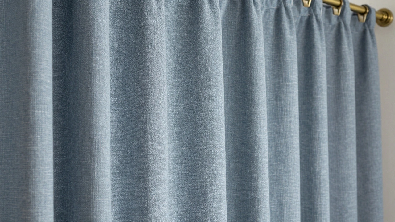 Close-up of textured blue-gray linen curtain fabric with subtle weave and natural shadows.