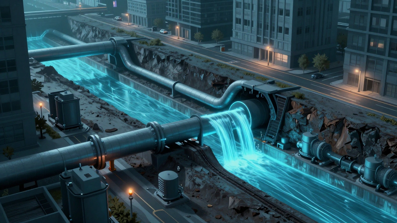 Cross-section of underground water and sewer systems beneath a city with glowing pipes and pumping stations.