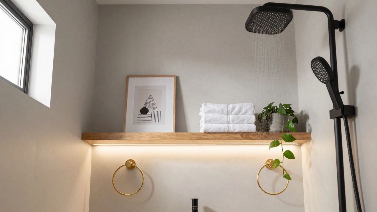Floating wooden shelves with art and towels in a compact bathroom, featuring a rainfall showerhead and soft LED lighting under the vanity.