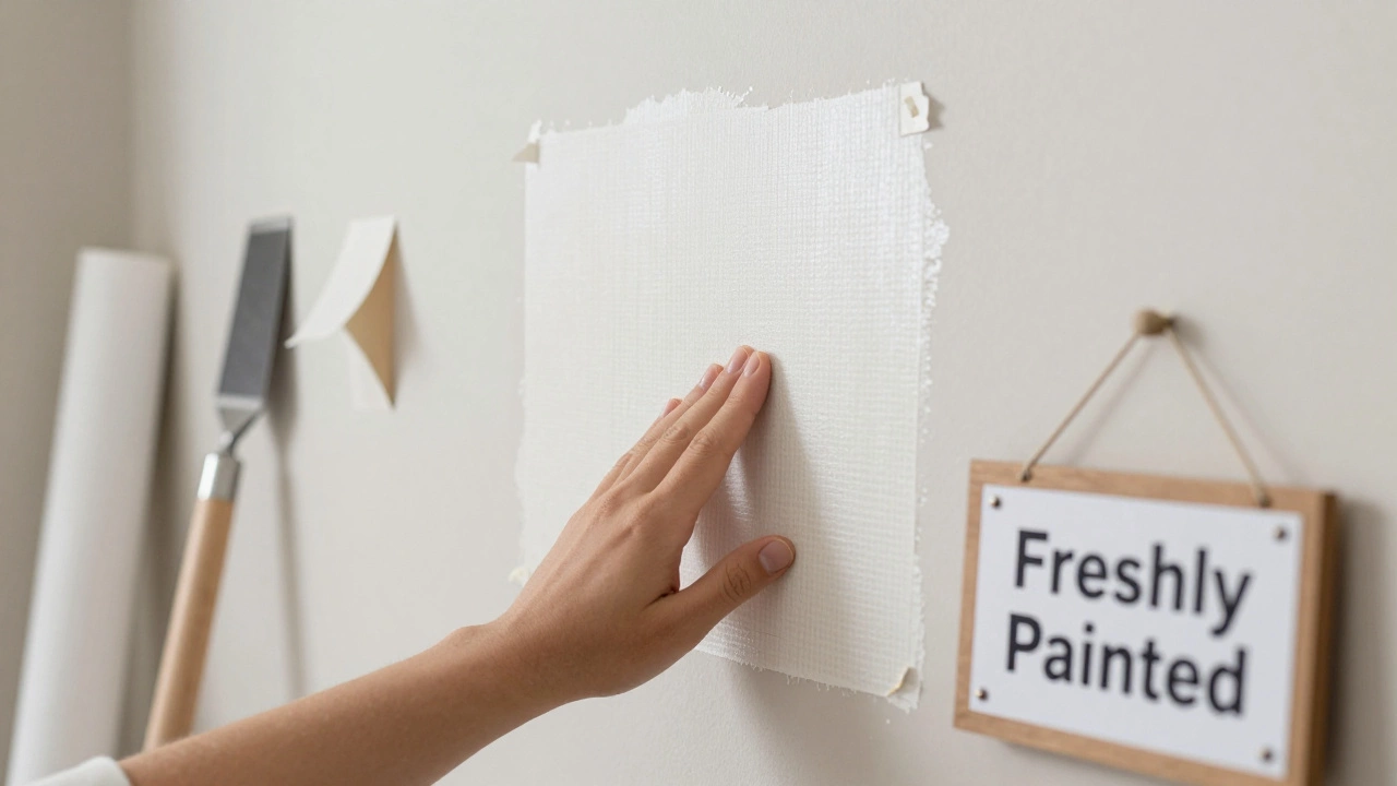 Hand applying a removable wall decal, with old wallpaper rolls discarded in the background.