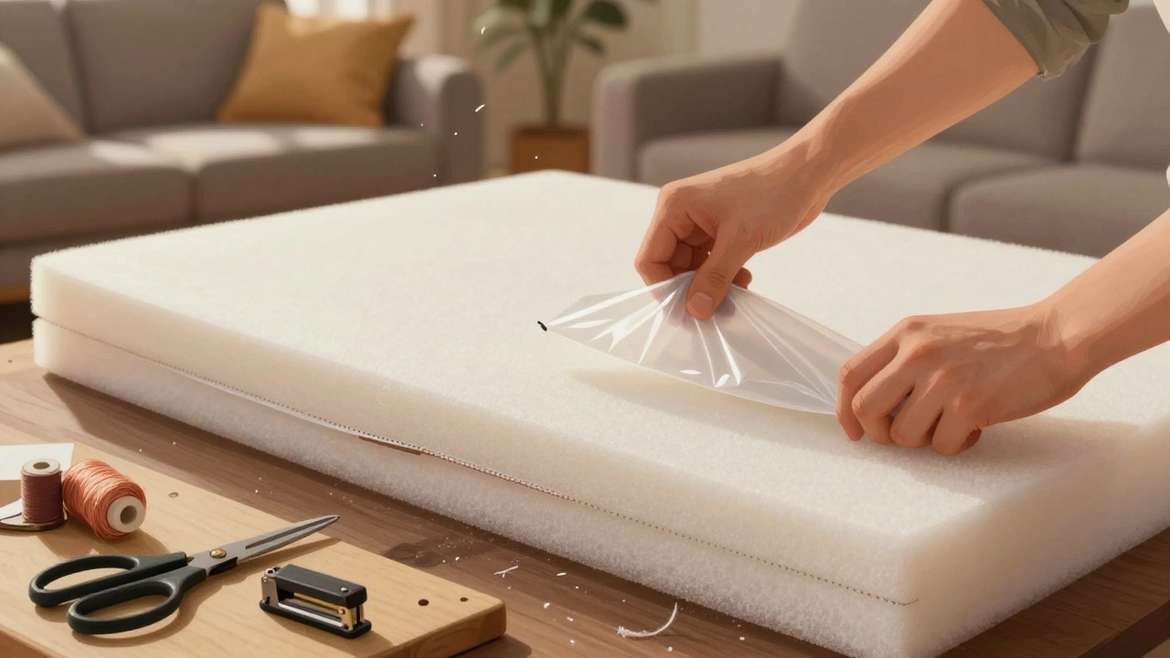Hand inserting new foam into sofa cushion using a plastic bag for smooth sliding.