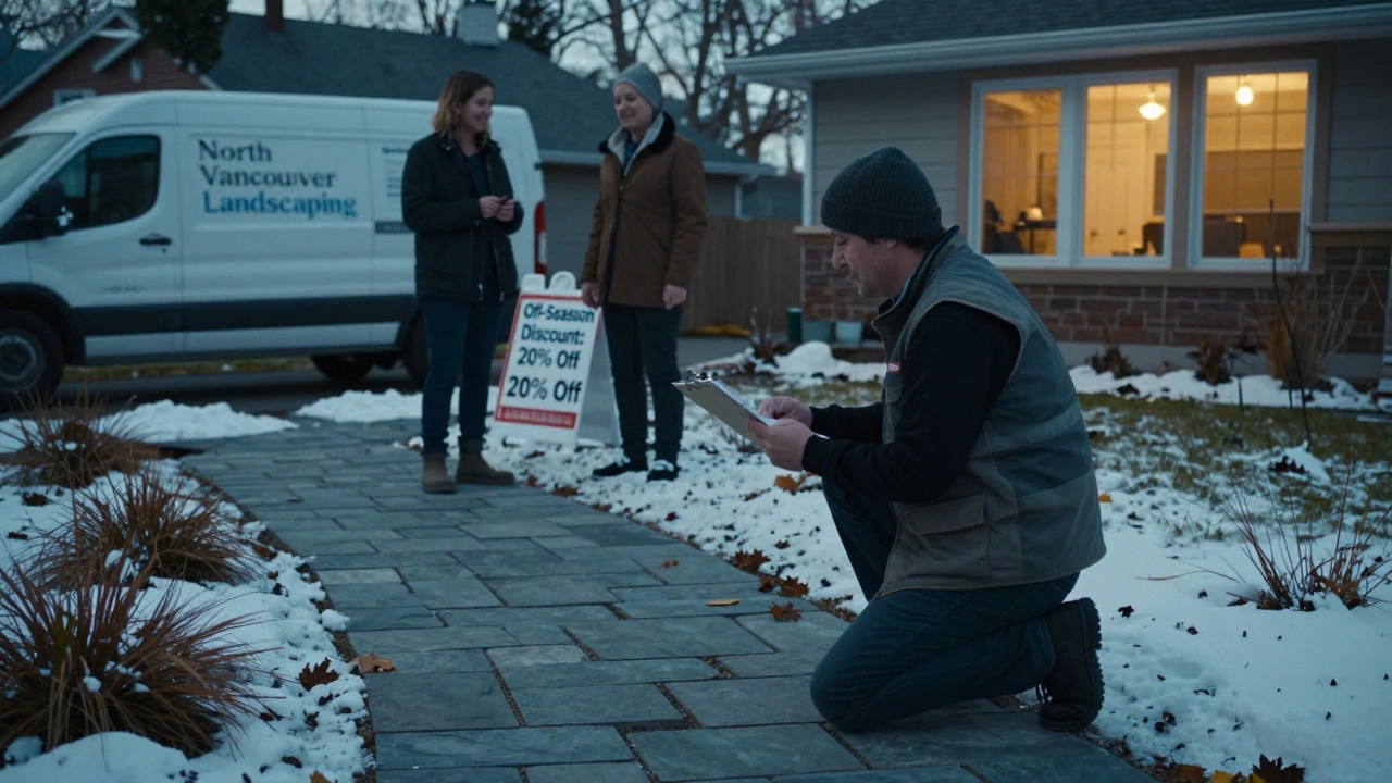 Landscaper and homeowner reviewing work on a late-fall project