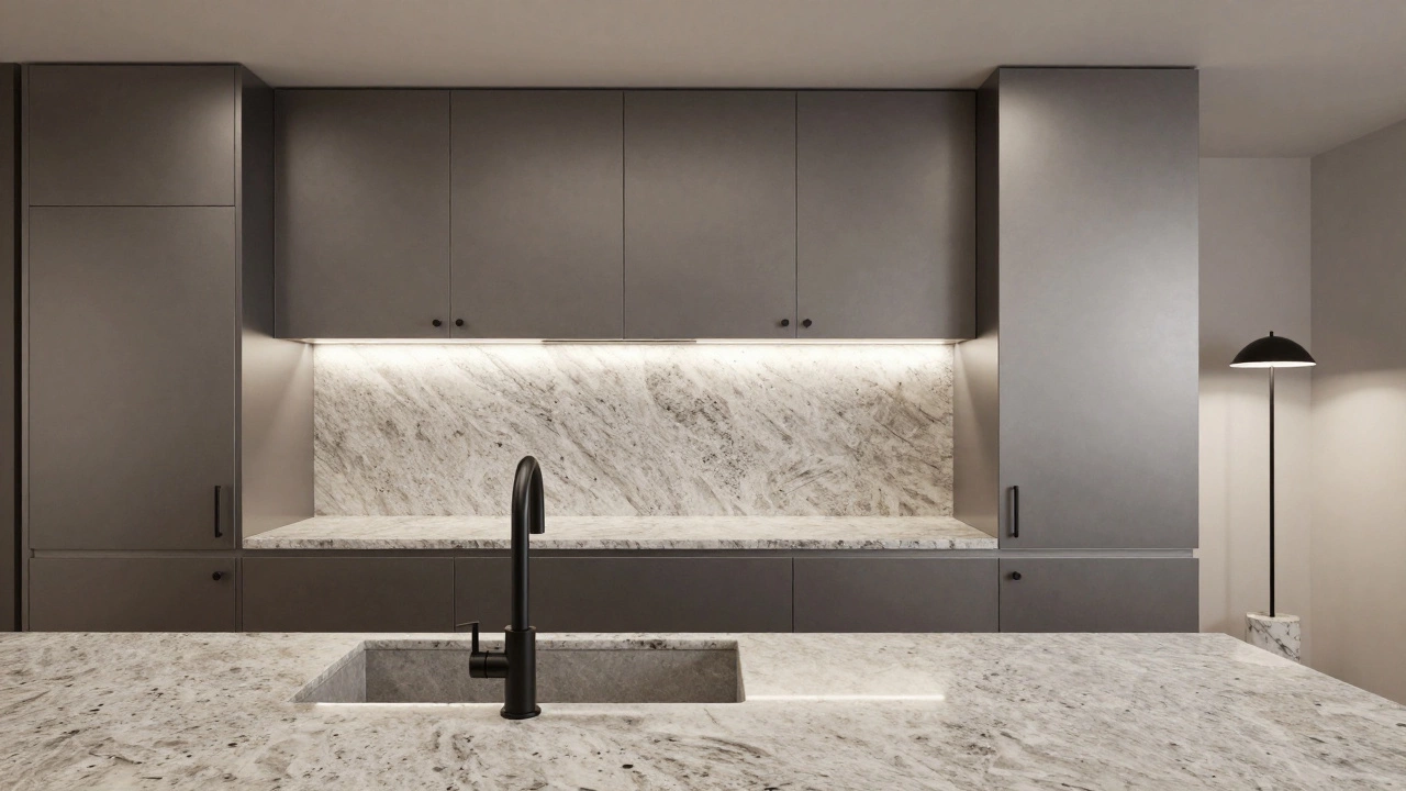 Minimalist modern kitchen with handleless cabinets, quartz countertops, and no decorative elements.