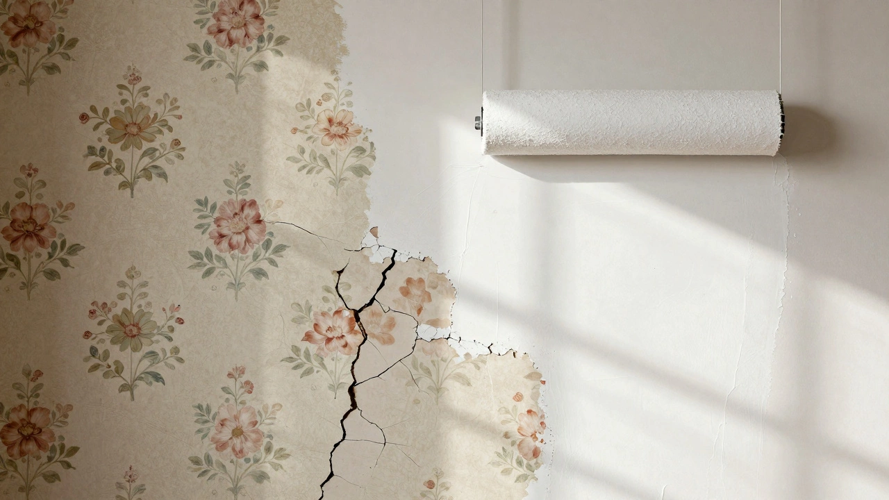 Peeling 90s wallpaper revealing damaged drywall, with fresh paint being applied nearby.