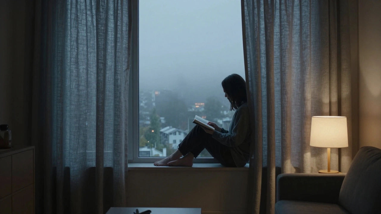 Serene living room at dusk with blue-gray curtains framing a quiet window silhouette.