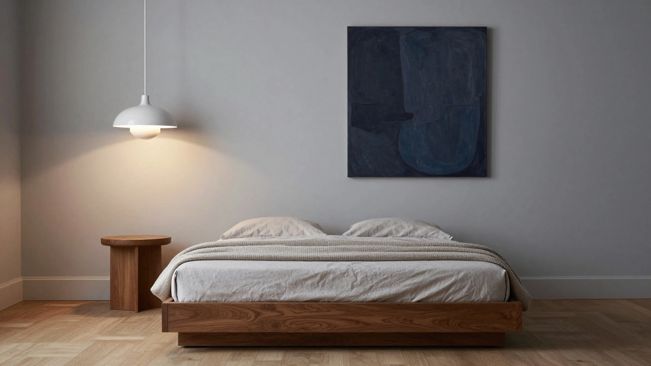 Serene modern bedroom with flush bed, abstract art, and soft pendant lighting in neutral tones.