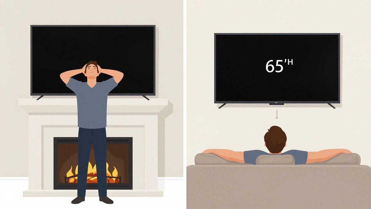 Side-by-side comparison: person straining to look up at a TV above a fireplace vs. relaxed viewing at eye level.
