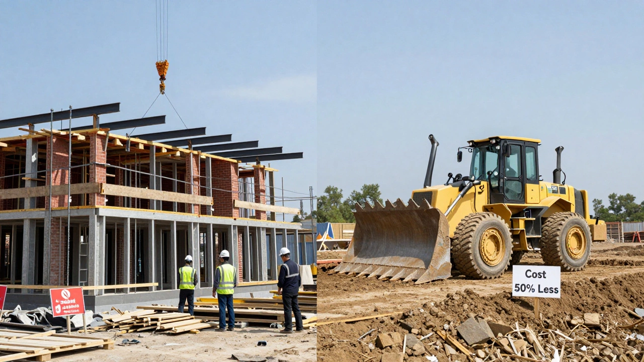 Split image: crane lifting beams for second story vs. bulldozer grading land for ground extension.