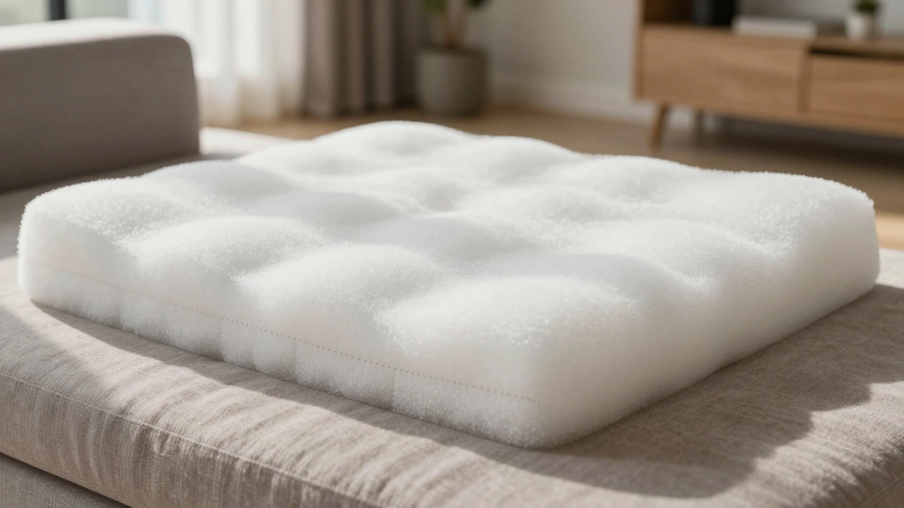 Split view of a sofa cushion before and after foam replacement, showing renewal.