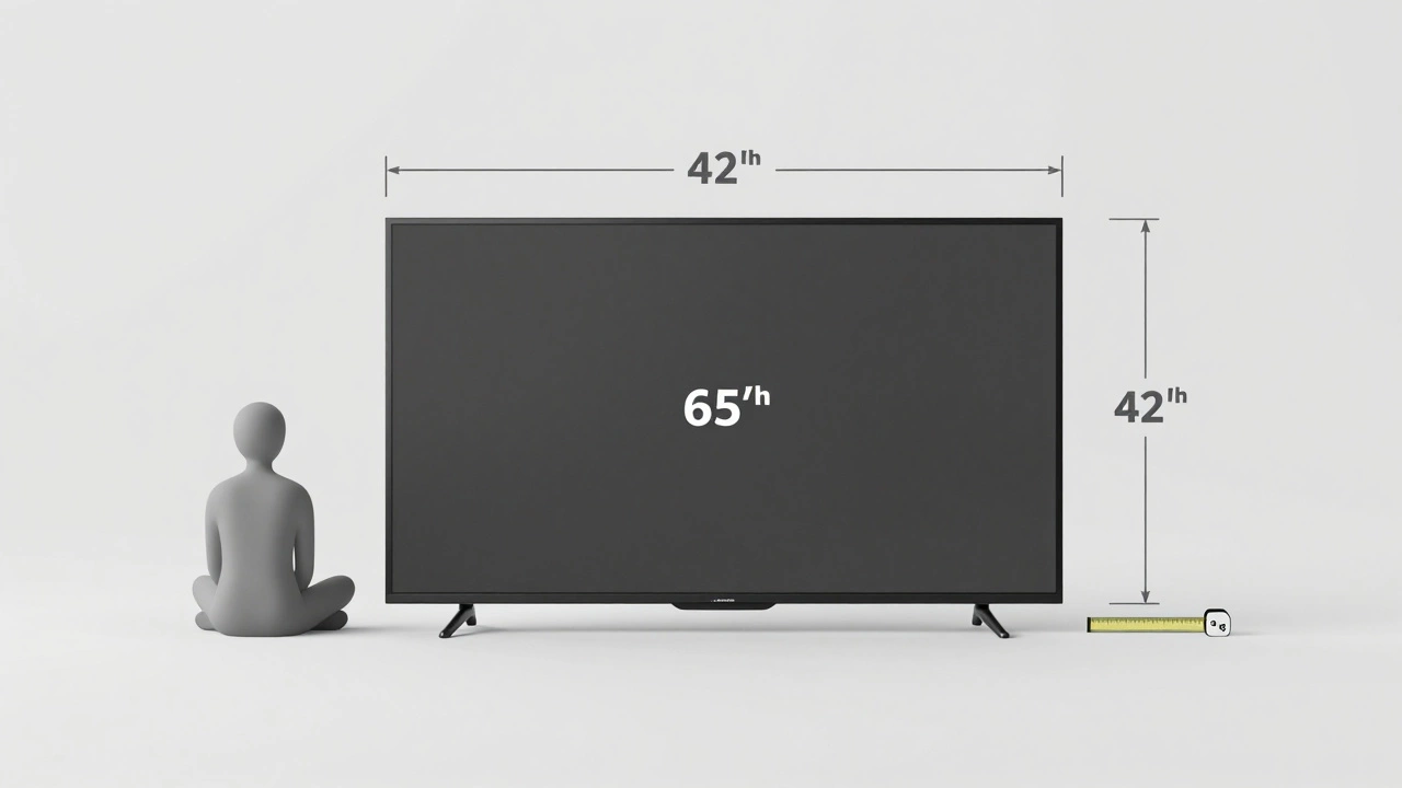 Technical diagram showing correct TV height measurements for a 65-inch screen relative to seated eye level.