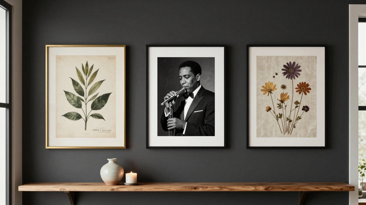 Three carefully spaced wall art pieces—a botanical print, a black-and-white portrait, and dried flower art—on a dark wall with a wooden shelf below.