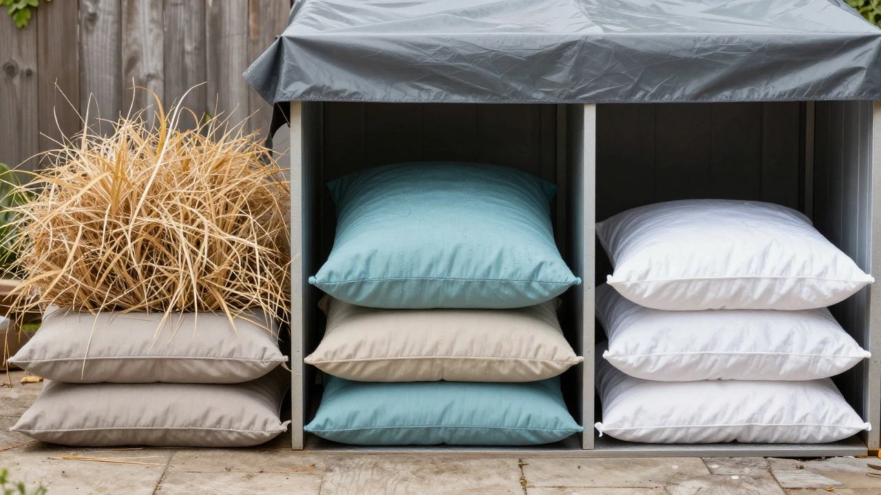 Three Sunbrella cushions showing seasonal care: outdoor use and winter storage under a tarp.