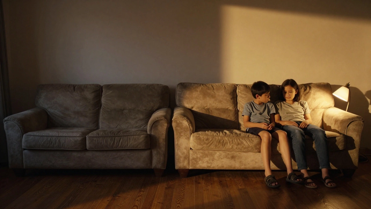 Two sofas side by side: one sagging and worn, the other plump and inviting under warm evening light.
