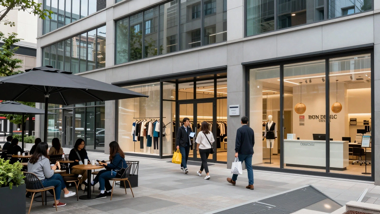 Urban street scene with coffee shop, boutique, and dental clinic in a commercial zone.