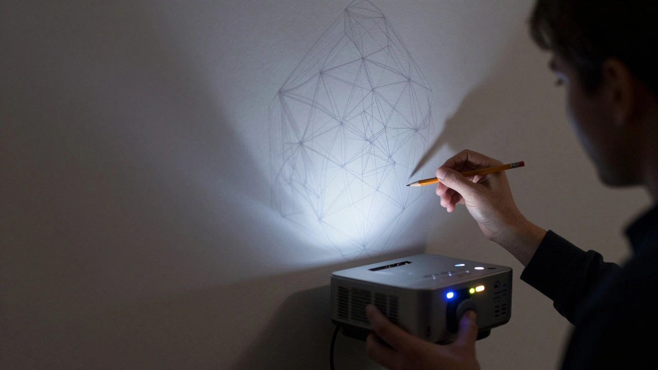 A mural outline projected onto a wall for tracing before painting.