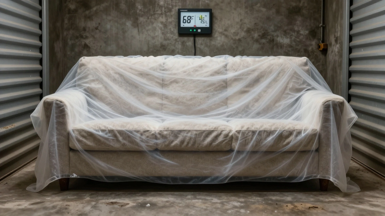 A pristine couch emerging from storage after long-term protection, with invisible protective layers dissolving around it.