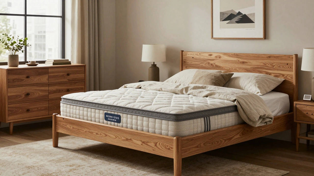 A serene, high-quality bedroom with solid wood furniture and warm lighting, exuding calm and durability.