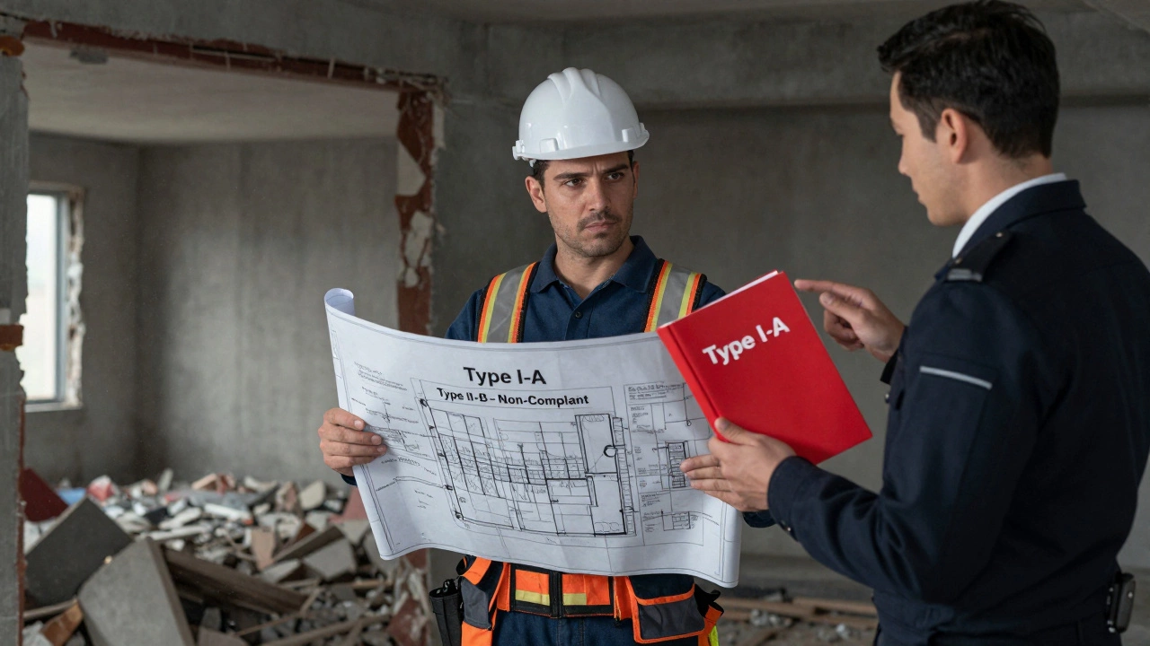 Builder holding Type I-A blueprint beside demolished non-compliant structure, inspector pointing to code book.