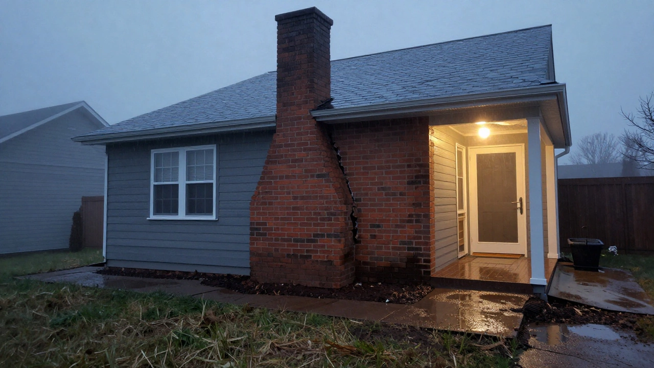 Chimney pulling away from house with water pooling near foundation at dusk.