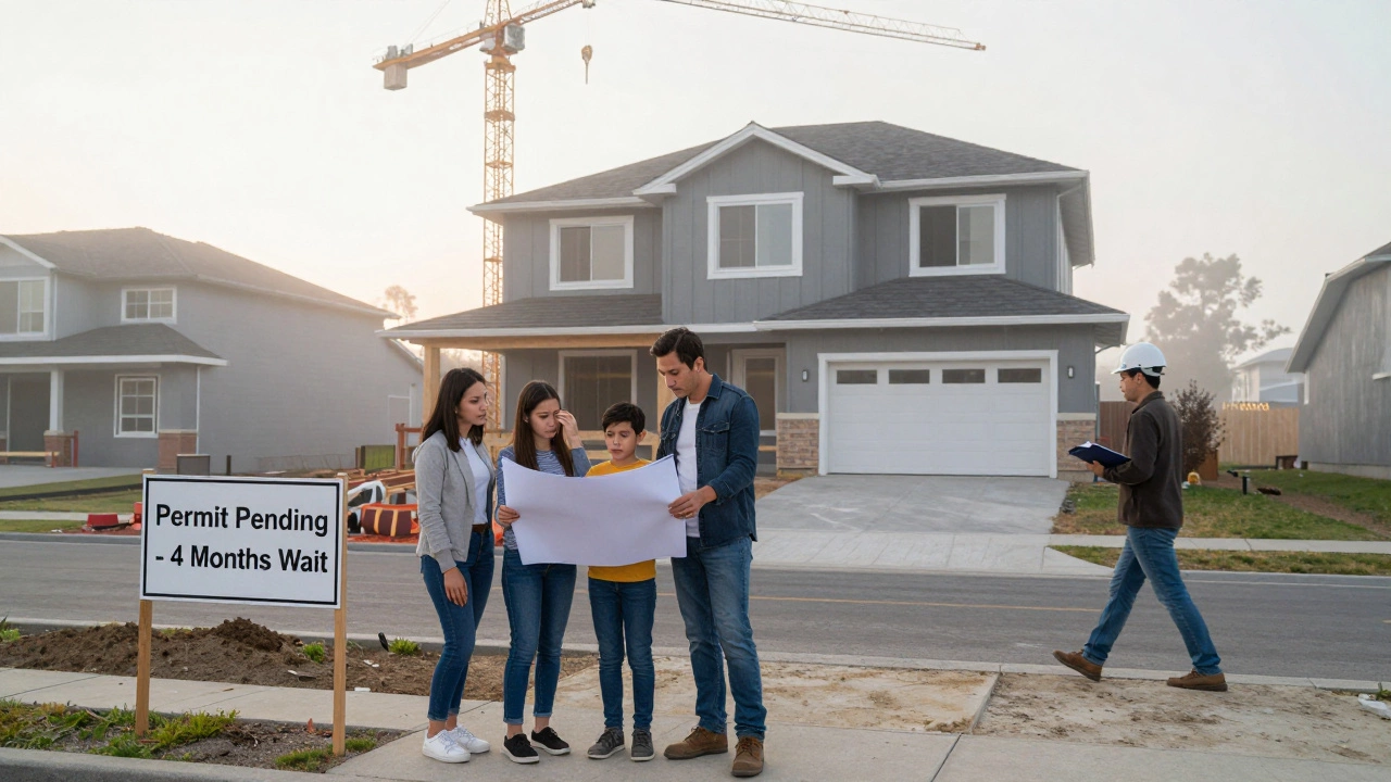 Construction site at dawn with permit delay sign and family holding blueprints, foggy atmosphere.