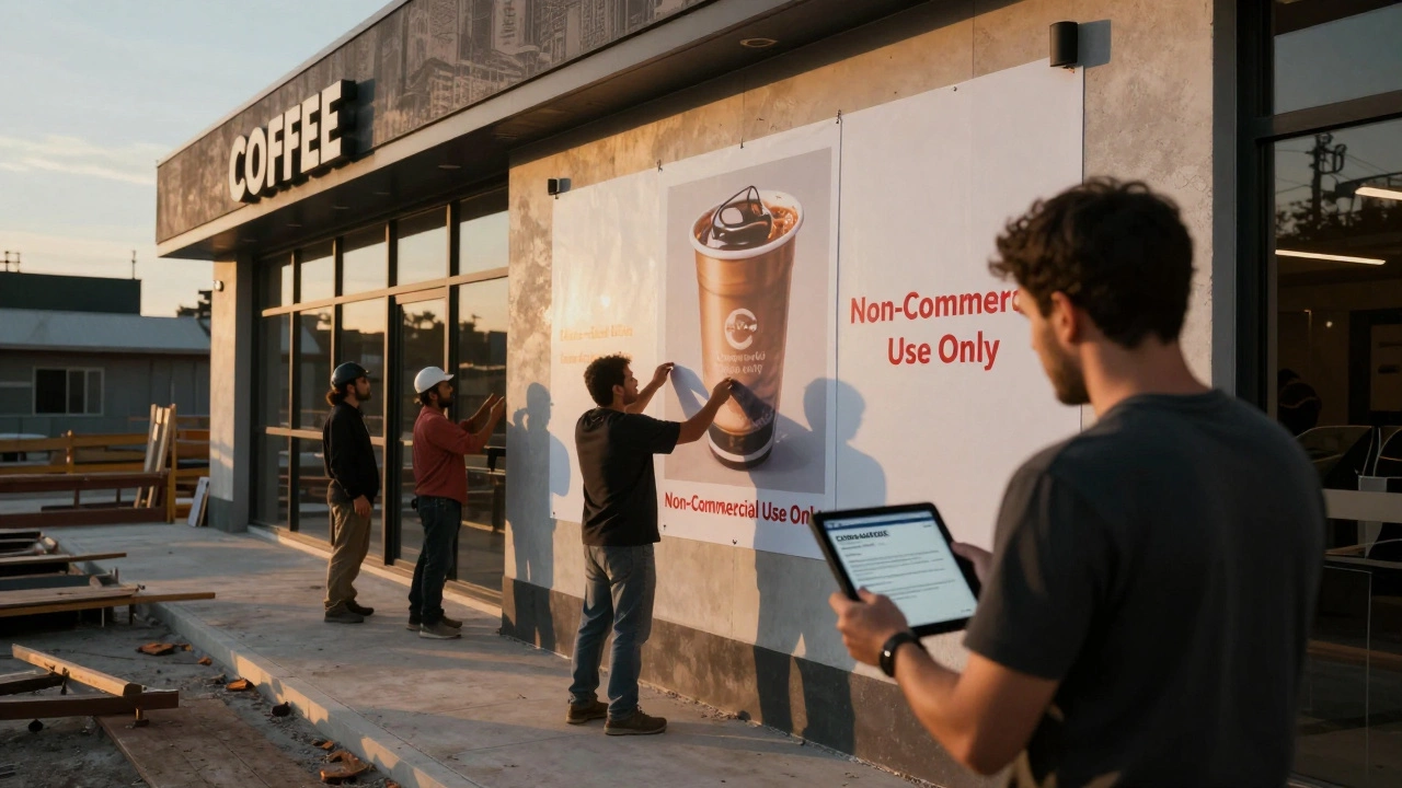 Construction workers installing wall graphics with a non-commercial use warning