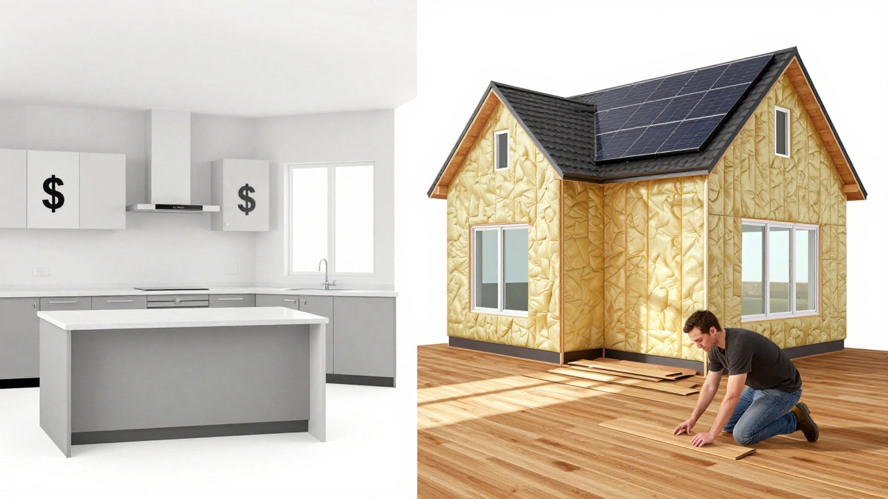 Contrasting images of generic new home vs. custom home with solar panels and DIY flooring.
