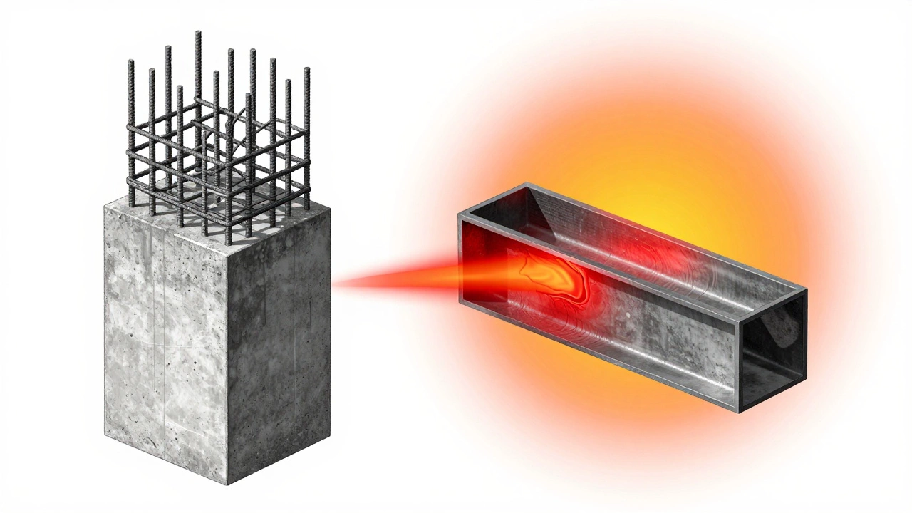 Cross-section comparison of fire-resistant concrete versus unprotected steel.