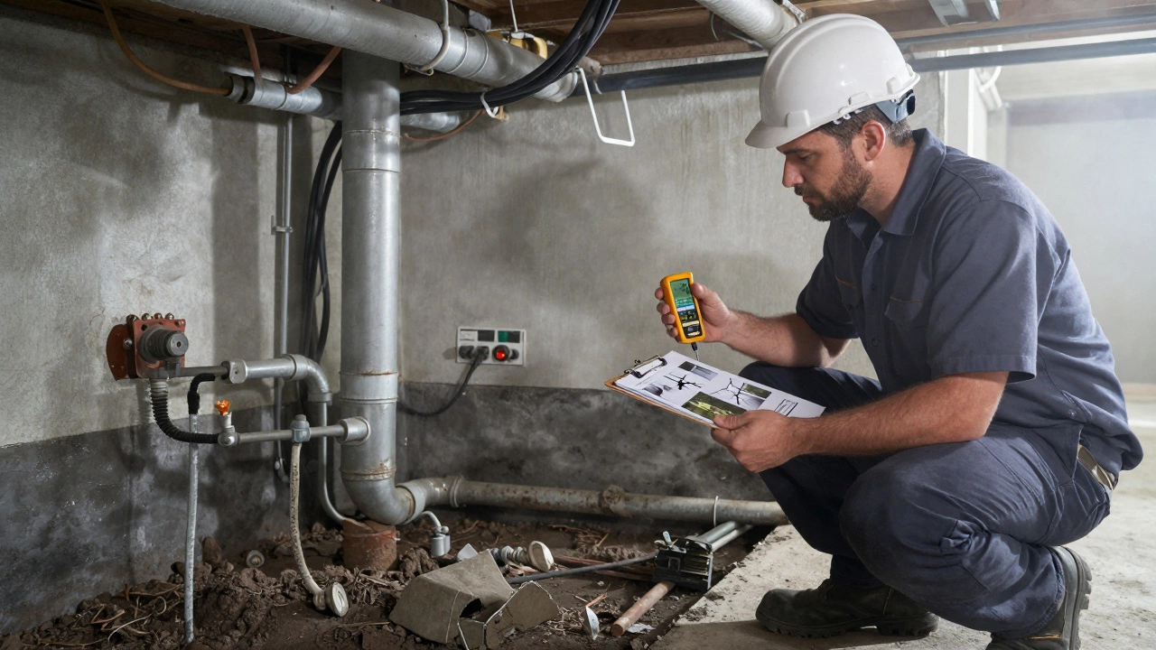 Home inspector examining foundation cracks and outdated wiring in a basement.