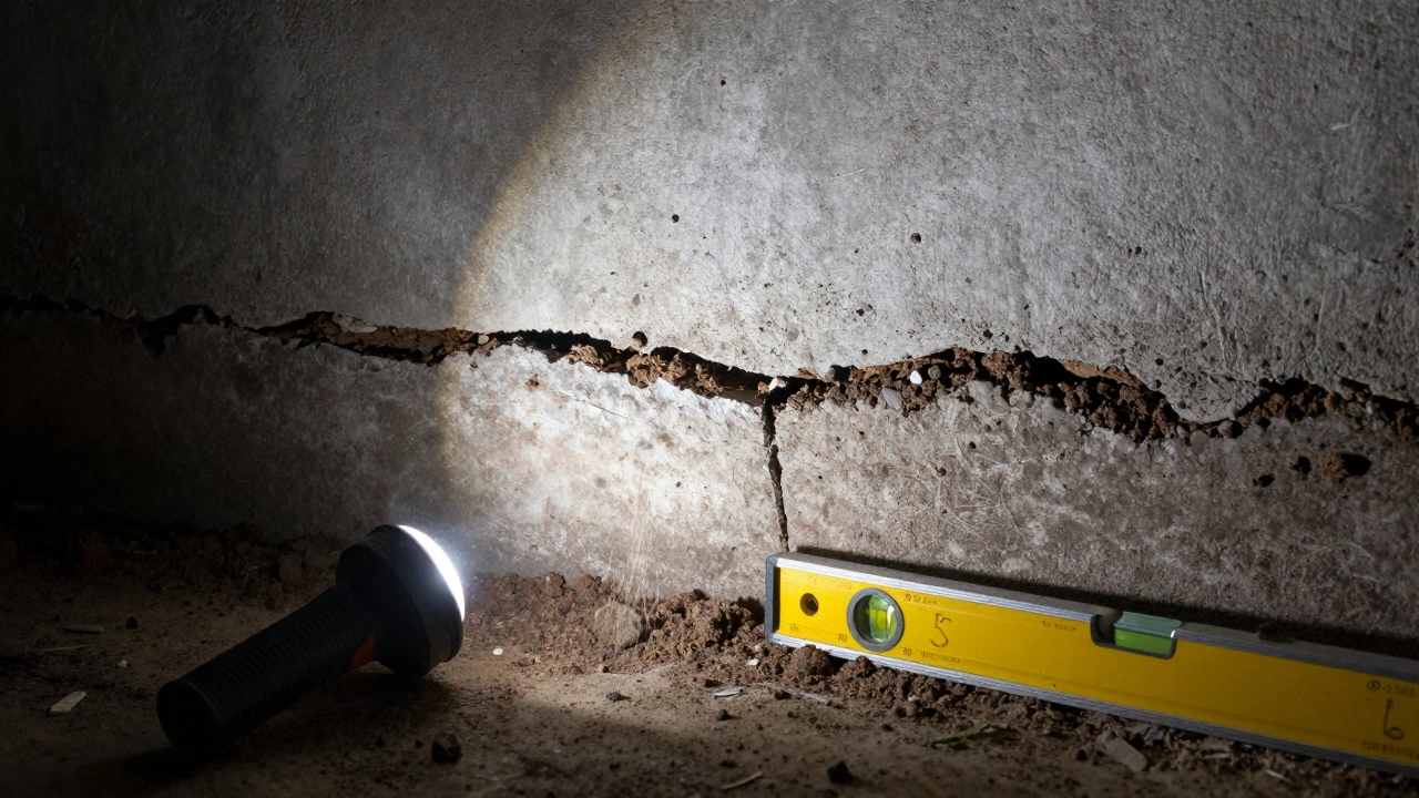 Horizontal crack in basement foundation wall showing inward bowing under soil pressure.